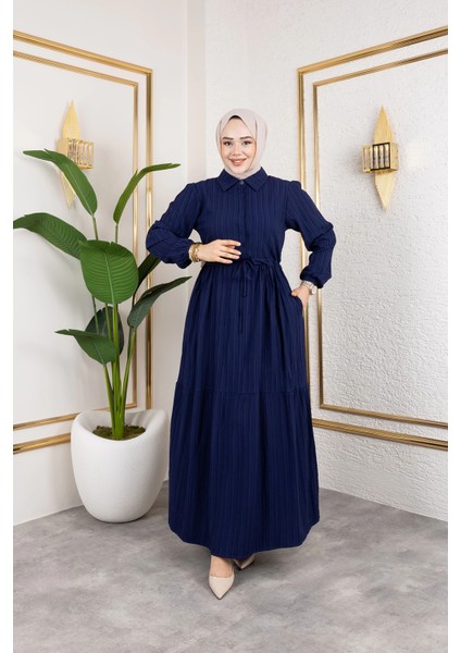 Lara Kumaş Yarım Düğmeli Kadın Elbise - Lacivert / E0121