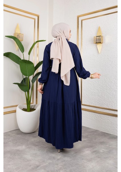 Lara Kumaş Yarım Düğmeli Kadın Elbise - Lacivert / E0121