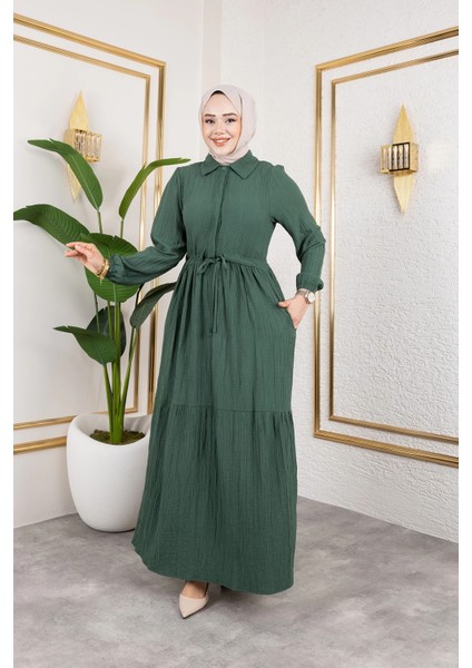 Lara Kumaş Yarım Düğmeli Kadın Elbise - Haki / E0121