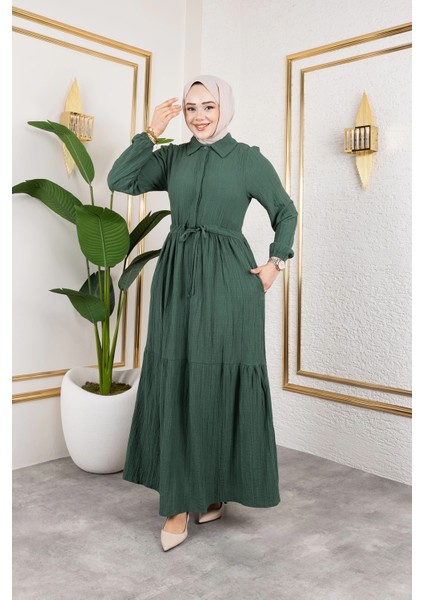 Lara Kumaş Yarım Düğmeli Kadın Elbise - Haki / E0121