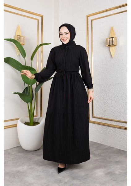 Lara Kumaş Yarım Düğmeli Kadın Elbise - Siyah / E0121