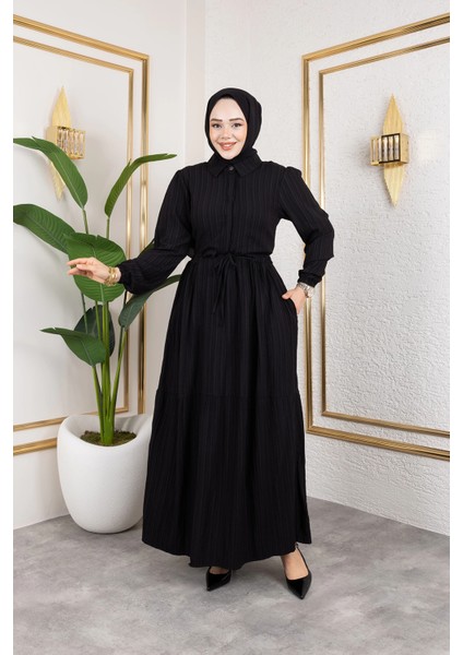 Lara Kumaş Yarım Düğmeli Kadın Elbise - Siyah / E0121