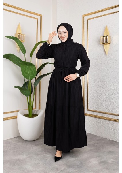 Lara Kumaş Yarım Düğmeli Kadın Elbise - Siyah / E0121