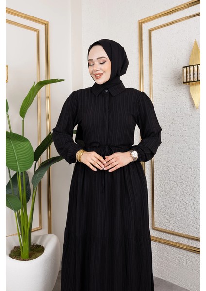 Lara Kumaş Yarım Düğmeli Kadın Elbise - Siyah / E0121