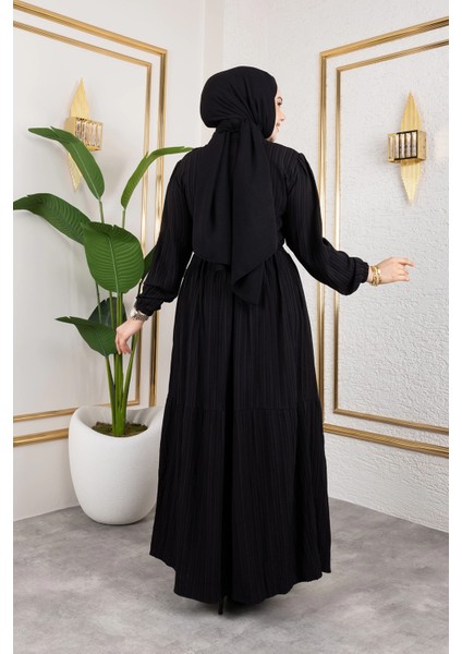 Lara Kumaş Yarım Düğmeli Kadın Elbise - Siyah / E0121