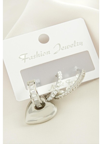 Techmrt 3 Adet Kalp Inci Zirkon Taşlı Küpe-Gümüş Rengi fiyatları