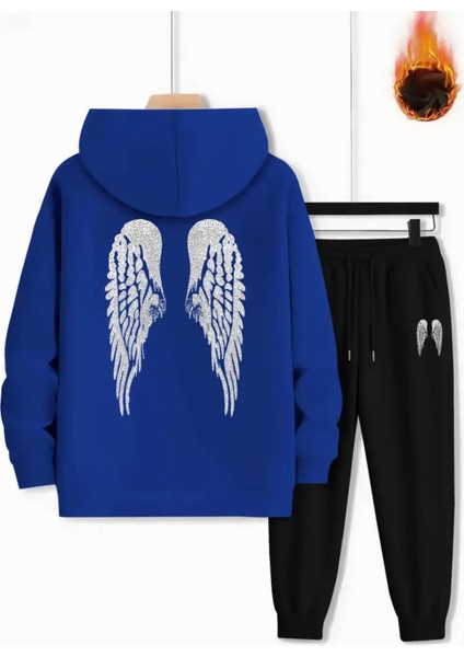 Özel Tasarım Melek Kanadı Sırt Baskılı Kapüşonlu %100 Pamuk Kız Çocuk Kışlık Eşofman Takımı