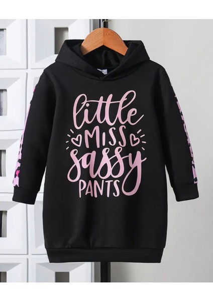 Punıx Kıds Özel Seri Kapüşonlu Lıttle Mıss Baskılı %100 Pamuk Kışlık Kız Çocuk Spor Hoodie Elbise