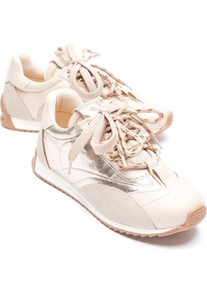 Kadın Deri Sneaker Paraşüt Detaylı Bej-Gold Lurea
