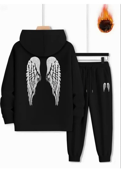 Özel Tasarım Melek Kanadı Sırt Baskılı Kapüşonlu %100 Pamuk Kız Çocuk Kışlık Eşofman Takımı