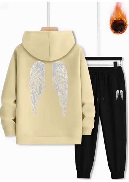 Özel Tasarım Melek Kanadı Sırt Baskılı Kapüşonlu %100 Pamuk Kız Çocuk Kışlık Eşofman Takımı
