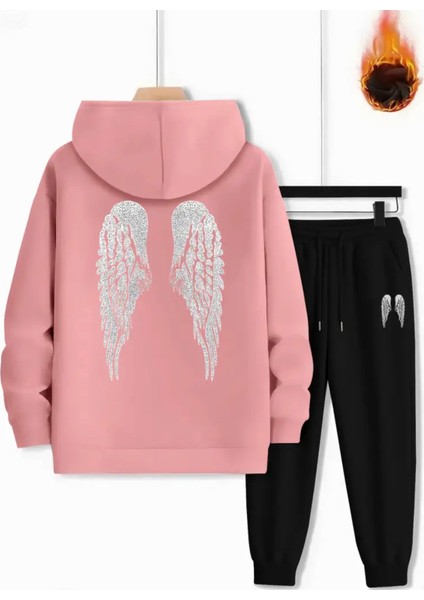 Özel Tasarım Melek Kanadı Sırt Baskılı Kapüşonlu %100 Pamuk Kız Çocuk Kışlık Eşofman Takımı