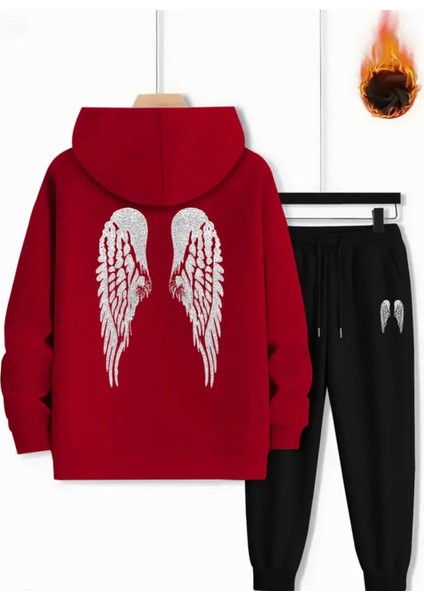 Özel Tasarım Melek Kanadı Sırt Baskılı Kapüşonlu %100 Pamuk Kız Çocuk Kışlık Eşofman Takımı