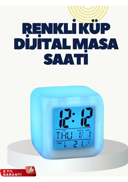Termometre ve Takvim Özellikli 7 Renk Değiştiren Küp Alarm Saati