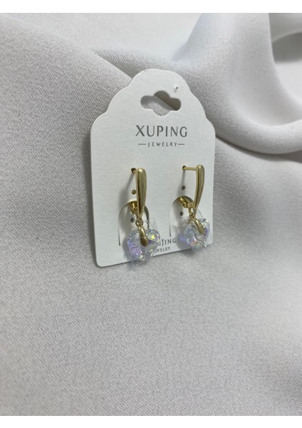 Xuping 14K Altın Kaplama Hediyelik Suya Dayanıklı Kadın Küpe Gold Şeffaf Kalp Sallantılı Şık ve Modern Taşlı Zarif Küpe Parlak Görünüm Minimal Gold Küpe Günlük Kullanım Için Ideal