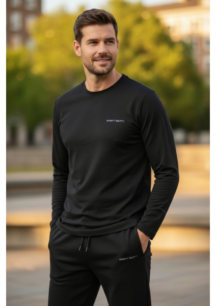 Kışlık Pamuklu Erkek Eşofman Pijama Takımı (Slim Fit - Düz Paça) Siyah