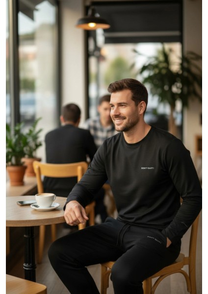 Kışlık Pamuklu Erkek Eşofman Pijama Takımı (Slim Fit - Düz Paça) Siyah