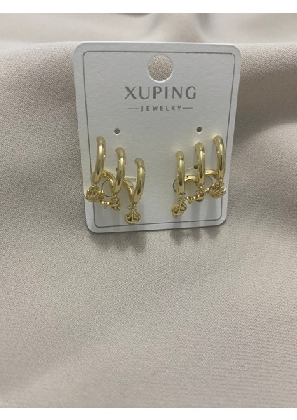 Xuping 14K Altın Kaplama Hediyelik Suya Dayanıklı Kadın Küpe Gold Tek Delik Üçlü Görünüm Şık Modern Taşlı Zarif Parlak Görünüm Minimal Balık Deniz Kabuğu Gold Küpe