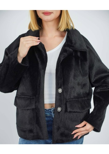 Kadın Peluş Düğme Kapama Astarlı Ceket