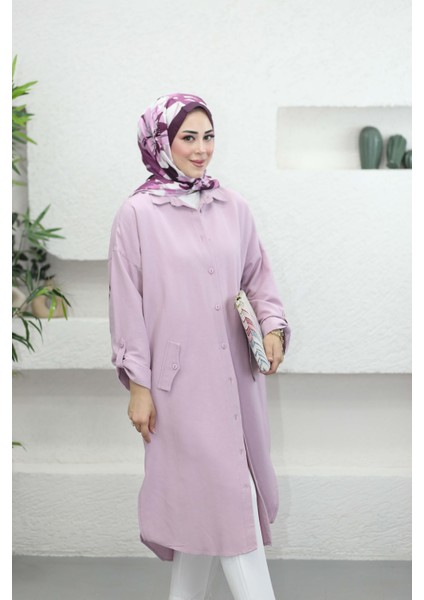 7383 Kol Katlamalı Süs Cepli Keten Gömlek Tunik fiyatları