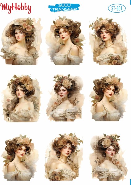 ST601 Dönem Portreleri, Kadın Portreleri Açık Zemin Sulu Transfer 25*35 cm