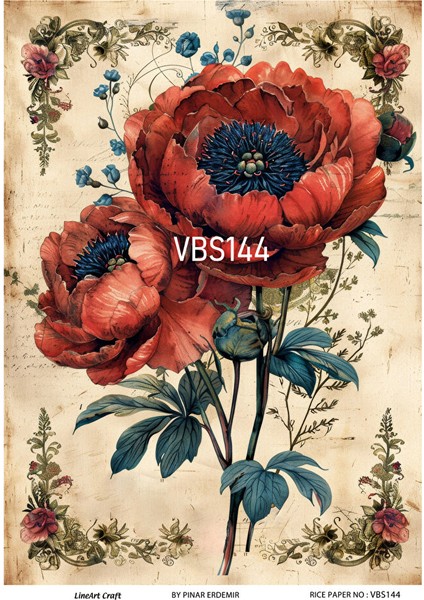 Lacivert Serisi VBS144 Çiçek, Gelincik Desenli 30*42 cm Pirinç Dekopaj