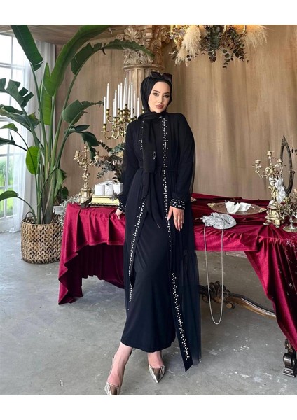 3153 Tül Feraceli Boydan ve Manşeti Inci Detaylı Kuşaklı Takım