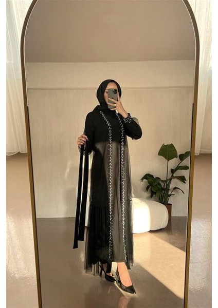 3153 Tül Feraceli Boydan ve Manşeti Inci Detaylı Kuşaklı Takım fiyatları