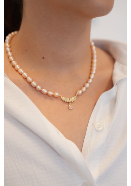 Somon Gerçek Tatlı Su Incili Pembe Zirkon Taşlı Kolye