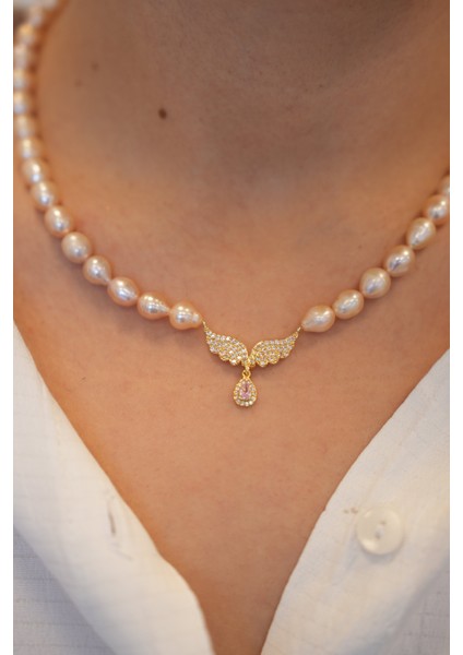 Somon Gerçek Tatlı Su Incili Pembe Zirkon Taşlı Kolye modelleri