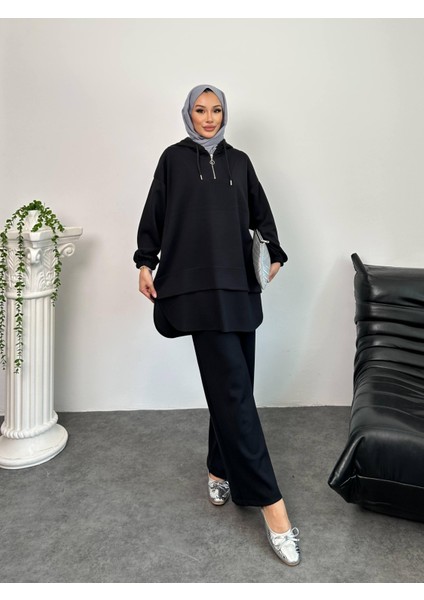 2602 Kapşonlu Yarım Fermuarlı Eteği Parçalı Modal Takım