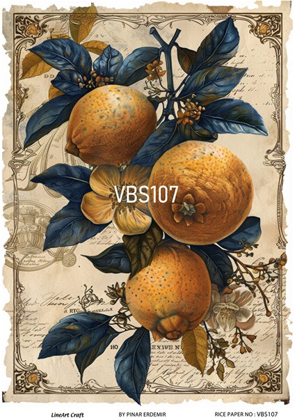 Lacivert Serisi VBS107 Limon, Mavi, Çiçek Desenli 30*42 cm Pirinç Dekopaj