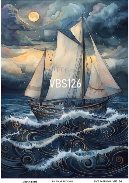 Lacivert Serisi VBS126 Dolunay, Yelkenli, Deniz Kabukları, Mavi Desenli 30*42 cm Pirinç Dekopaj