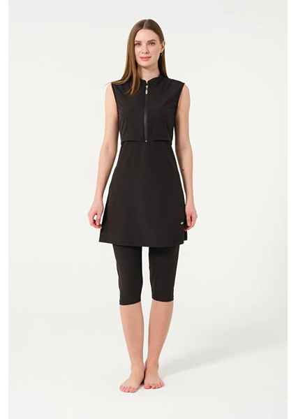 Sporcu Likra Kumaş Hızlı Kuruyan Yarım Fermuarlı Sıfır Kollu Taytlı Kadın Mayo 3413