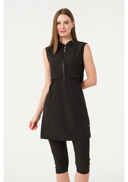 Sporcu Likra Kumaş Hızlı Kuruyan Yarım Fermuarlı Sıfır Kollu Taytlı Kadın Mayo 3413