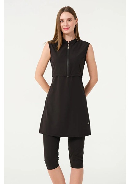 Sporcu Likra Kumaş Hızlı Kuruyan Yarım Fermuarlı Sıfır Kollu Taytlı Kadın Mayo 3413