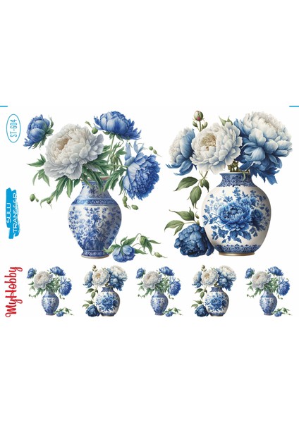 ST604 Vazoda Çiçekler, Mavi Tonları Açık Zemin Sulu Transfer 25*35 cm