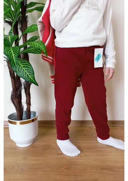 Çocuk Bordo 3 Iplik Şardonlu Paçası Lastikli Kışlık Eşofman Altı