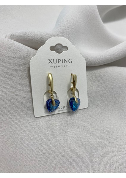 Xuping 14K Altın Kaplama Hediyelik Suya Dayanıklı Kadın Küpe Gold Mavi Kalp Sallantılı Şık ve Modern Taşlı Zarif Küpe Parlak Görünüm Minimal Gold Küpe Günlük Kullanım Için Ideal