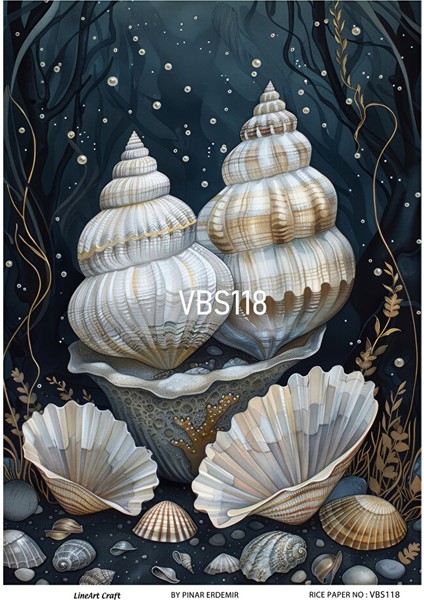 Lacivert Serisi VBS118 Istiridye, Deniz Kabukları, Mavi Desenli 30*42 cm Pirinç Dekopaj