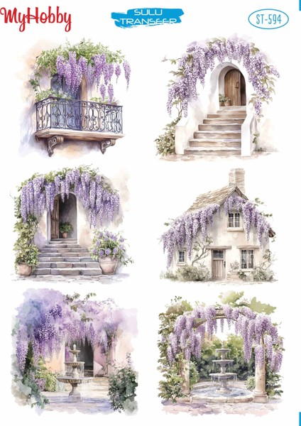 ST594 Mor Salkım, Manzara Desenli Açık Zemin Sulu Transfer 25*35 cm