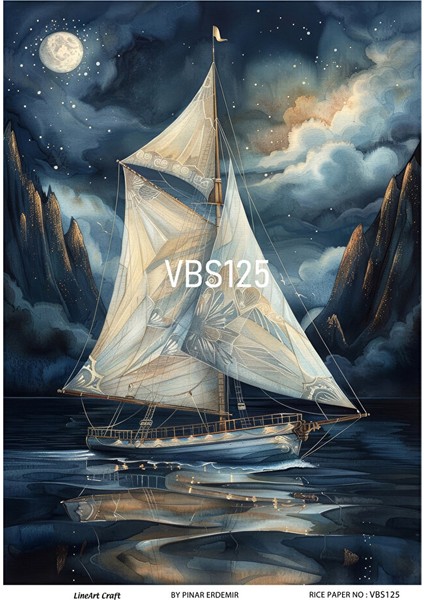 Lacivert Serisi VBS125 Dolunay, Yelkenli, Deniz Kabukları, Mavi Desenli 30*42 cm Pirinç Dekopaj