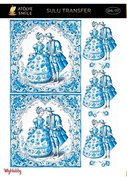 Atölye Smile Sml 117 Mavi Beyaz Desenli Sulu Transfer 25X35