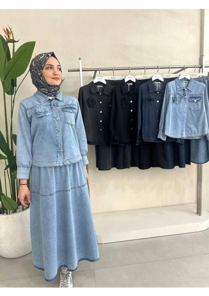 7358 Gögsü Çiçek Motifli Etekli Kot Takım