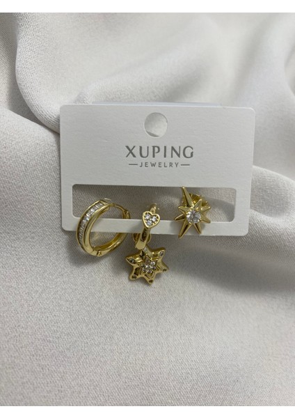 Xuping 14K Altın Kaplama Hediyelik Suya Dayanıklı Kadın Üçlü Küpe Gold Büyük Halka Küpe Şık ve Modern Taşlı Zarif Parlak Görünüm Minimal Gold Günlük Kullanım Için Ideal