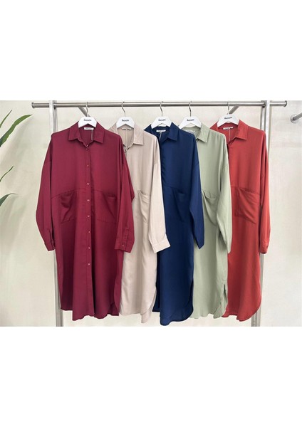 4383 Çift Cepli Boy Düğmeli Ten Sel Uzun Tunik