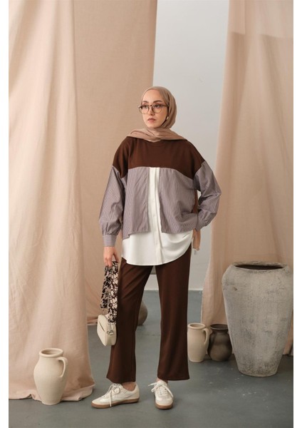 3079 Çift Garni Detaylı Çizgili Takım