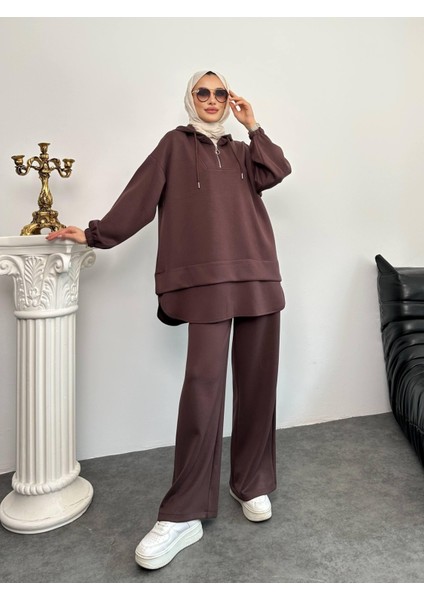 2602 Kapşonlu Yarım Fermuarlı Eteği Parçalı Modal Takım