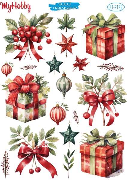 ST2125 Yeniyıl Serisi, Hediye, Kokina, Yıldız Desenli Açık Zemin Sulu Transfer 25*35 cm