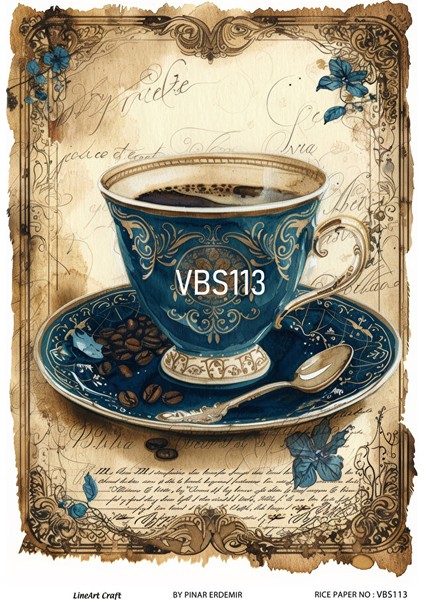 Lacivert Serisi VBS113 Fincan, Mavi, Çiçek Desenli 30*42 cm Pirinç Dekopaj